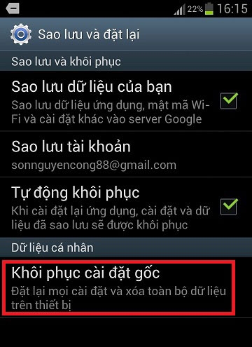 Khôi phục cài đặt gốc cho điện thoại